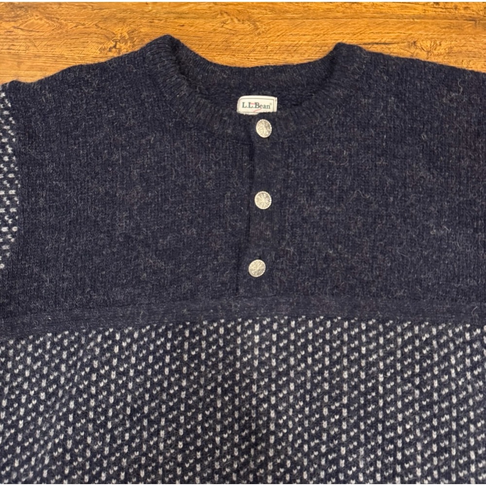 Vintage LL Bean Blue Wool Rayon Norway Birdseye Fisherman Henley Sweater Men 2XL